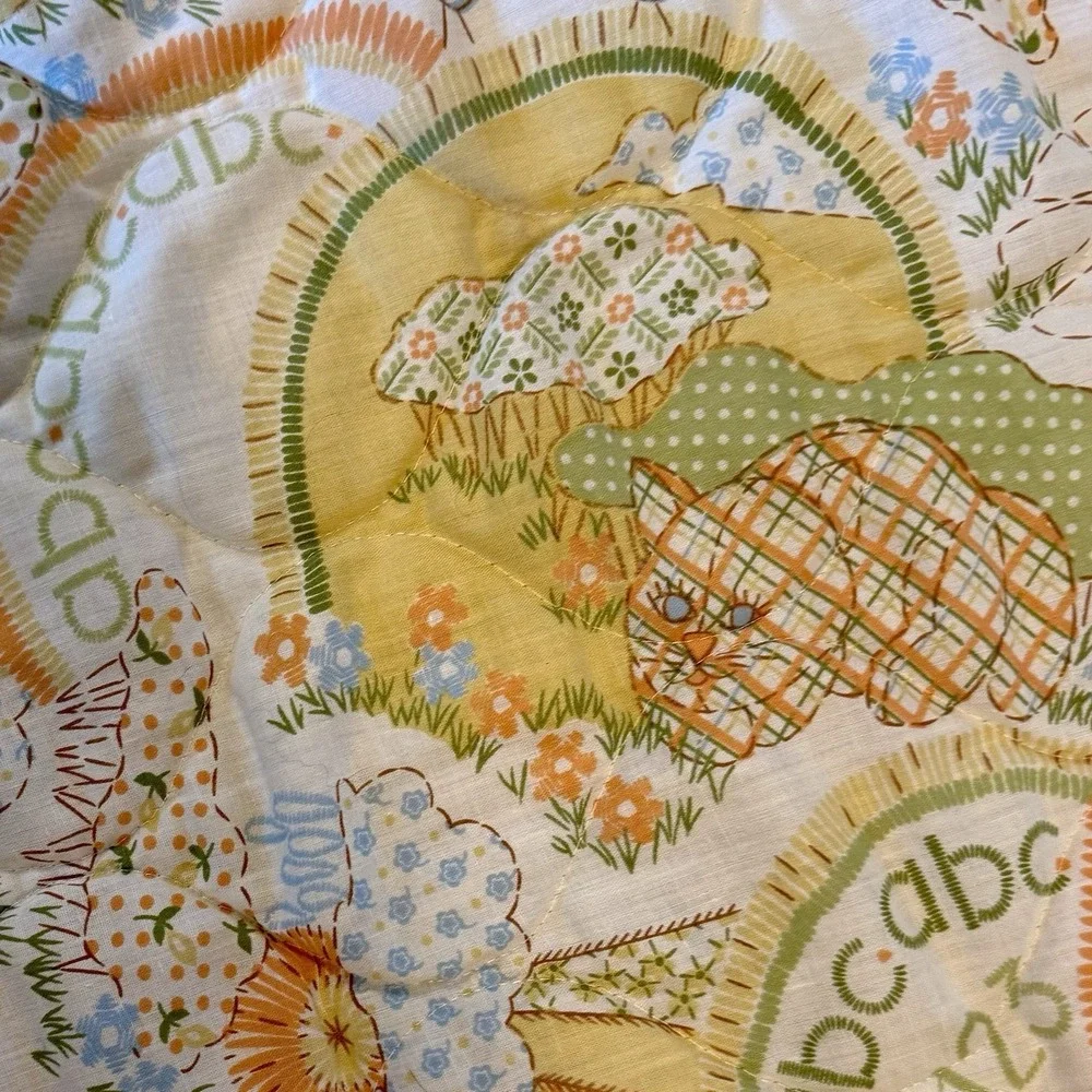 VTG 80s Yellow Baby Blanket Quilt Sears Roebuck & Co Perma-Prest ABC Cat Dog